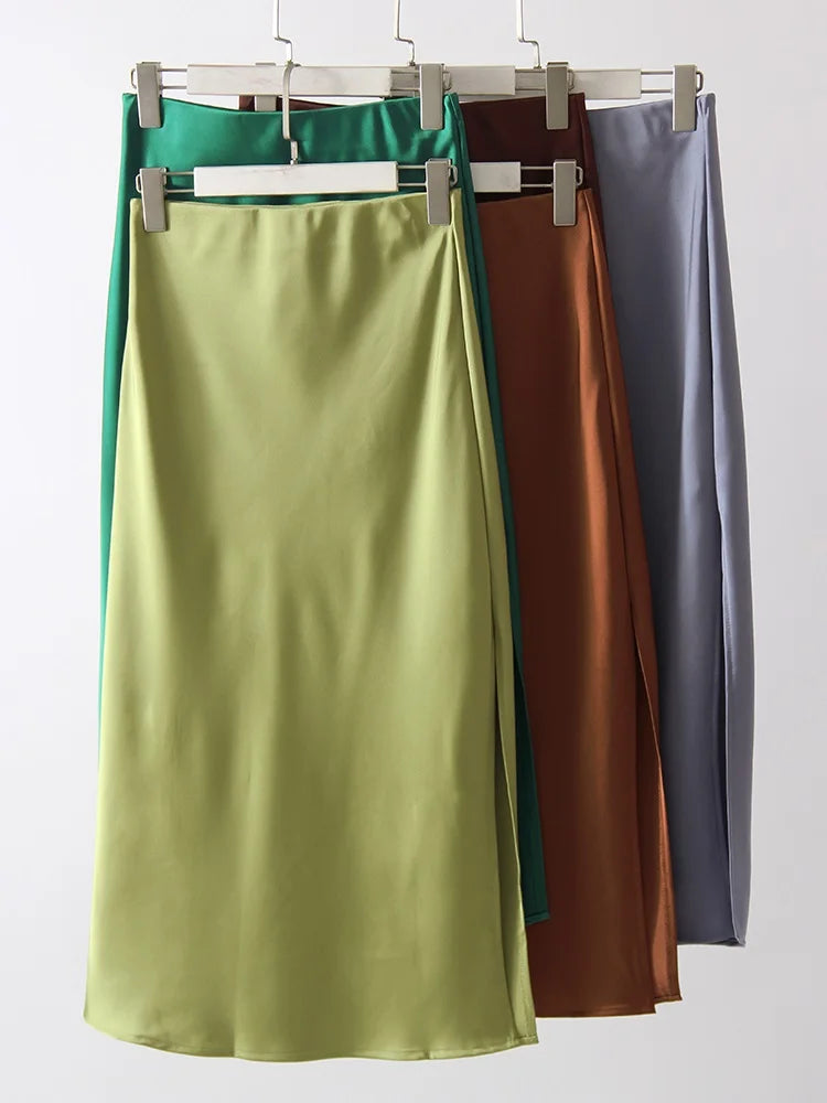 Satin Midi Skirt - A-Line Side Slit