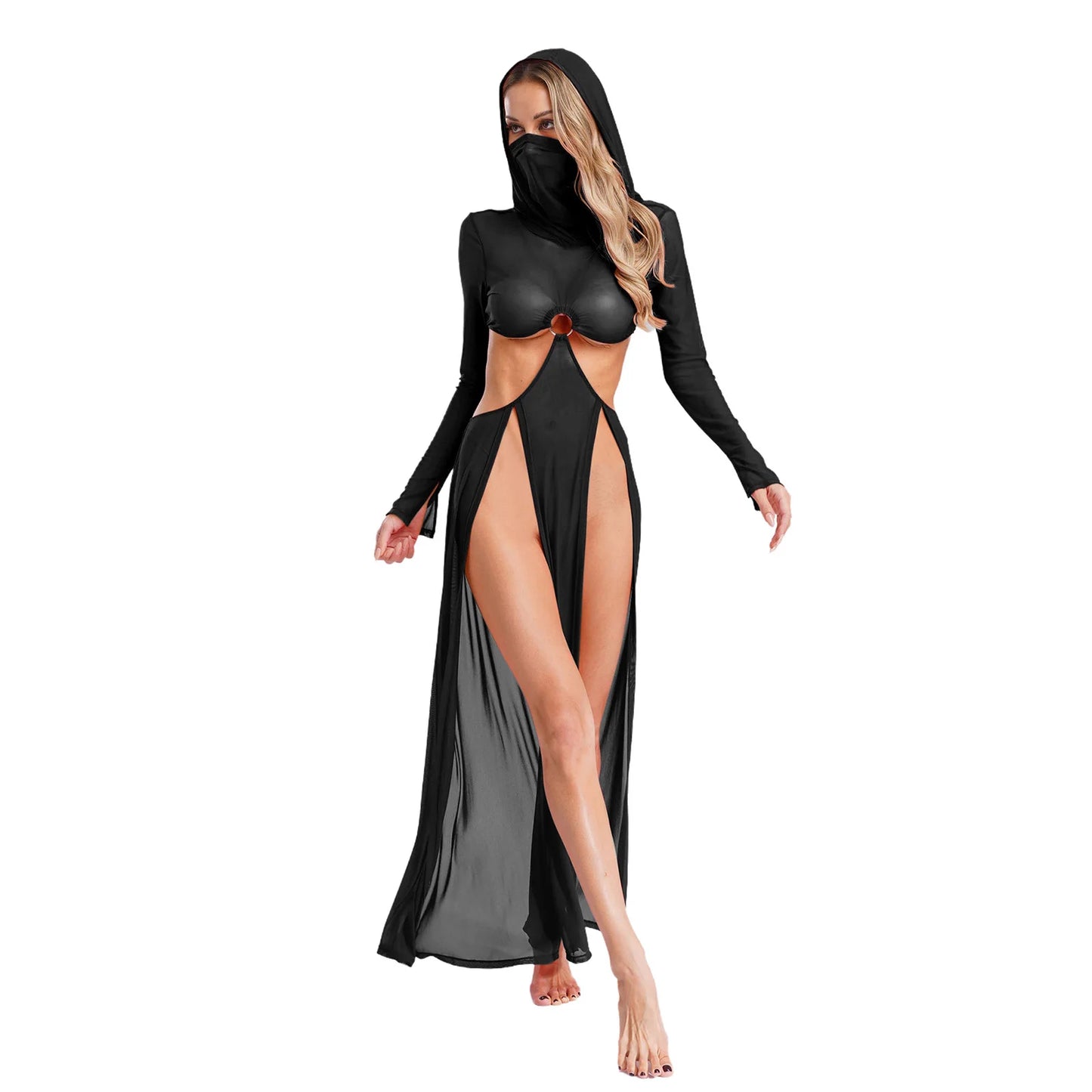 Sheer Maxi Dress - Hooded Face Mask High Slit