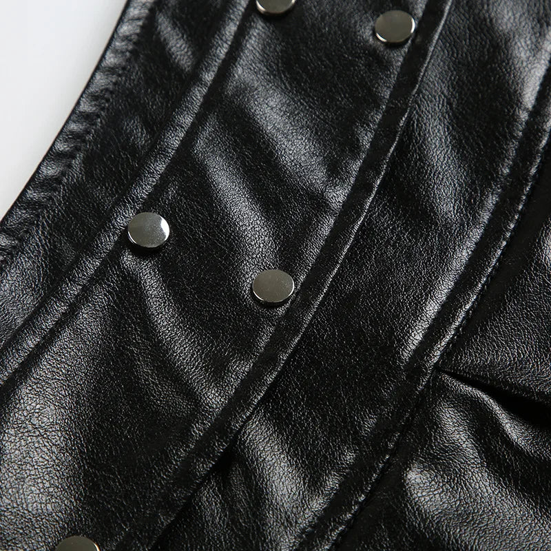 2025 New Vintage Dark Punk Rivet Faux Pu Leather Pleated Skirts Y2K Grunge Streetwear Women Gothic Dropped A-Line Mini Skirt Zip