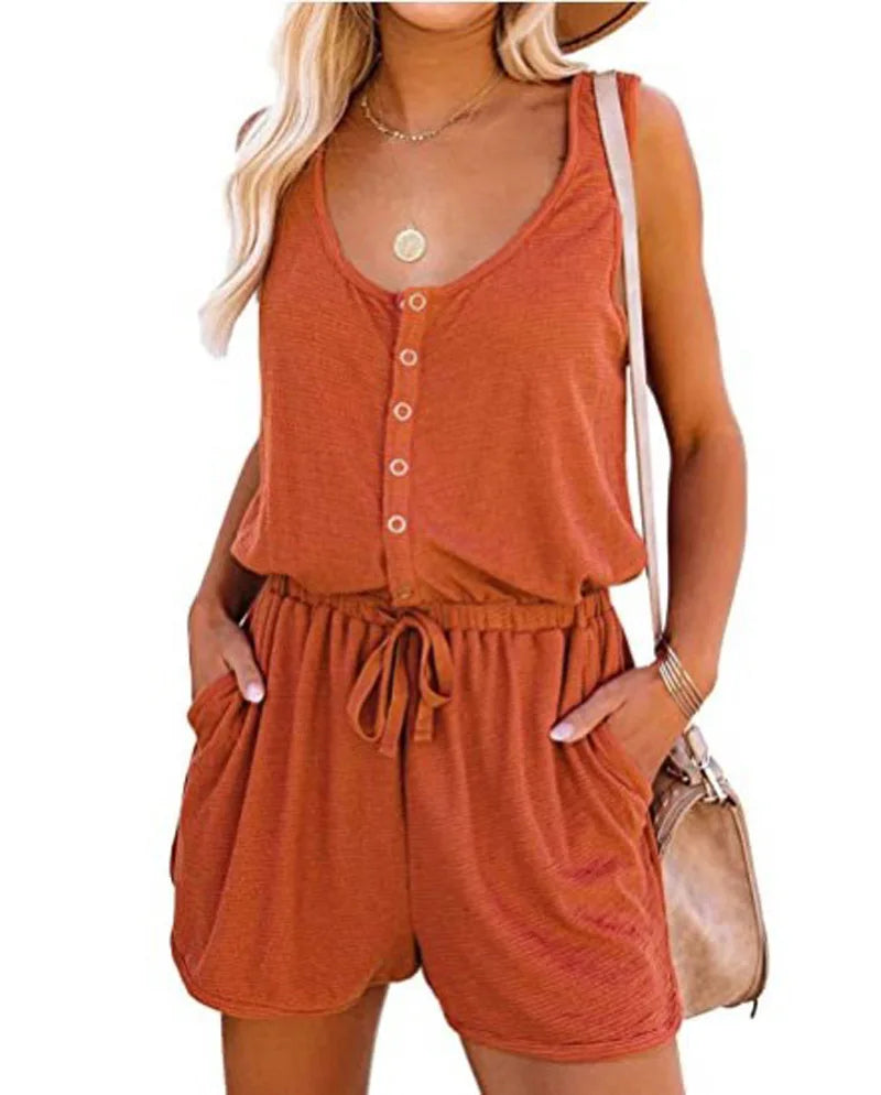Button Up Jumpsuit - Sleeveless Elastic Waist Shorts