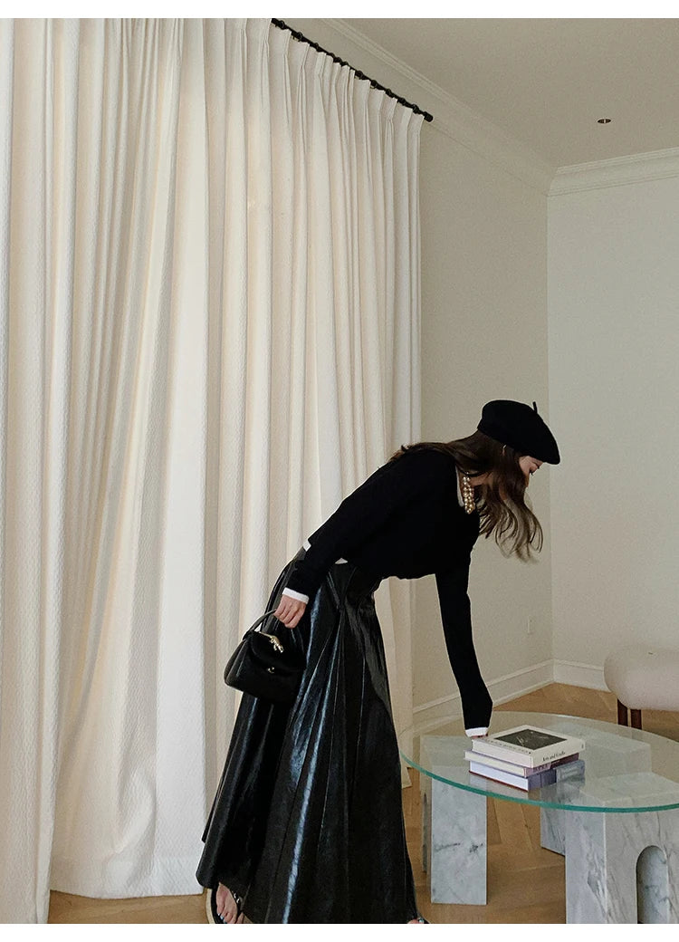 PU Leather Maxi Skirt - High Waist Pleated Black