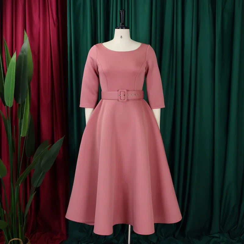 Party Dress - A-Line Belt Three Quarter Sleeve