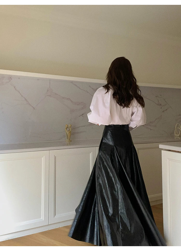 PU Leather Maxi Skirt - High Waist Pleated Black