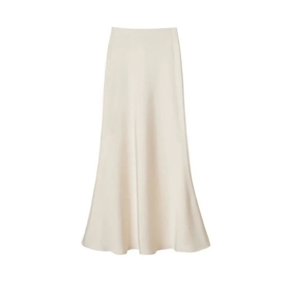 Satin Long Skirt - High Waist Draped Black