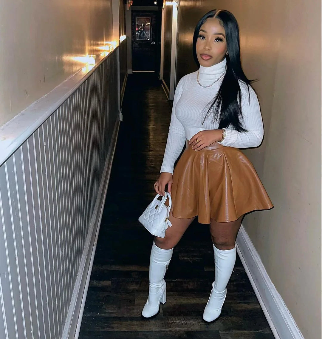 Minifalda Cuero Acampanada - Cintura Media Vuelo Casual