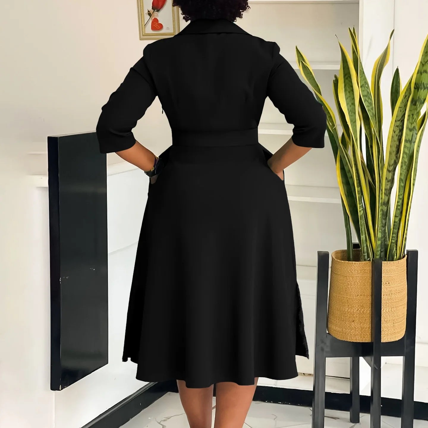 Office Dress - Turn Down Collar Belt Pleated African