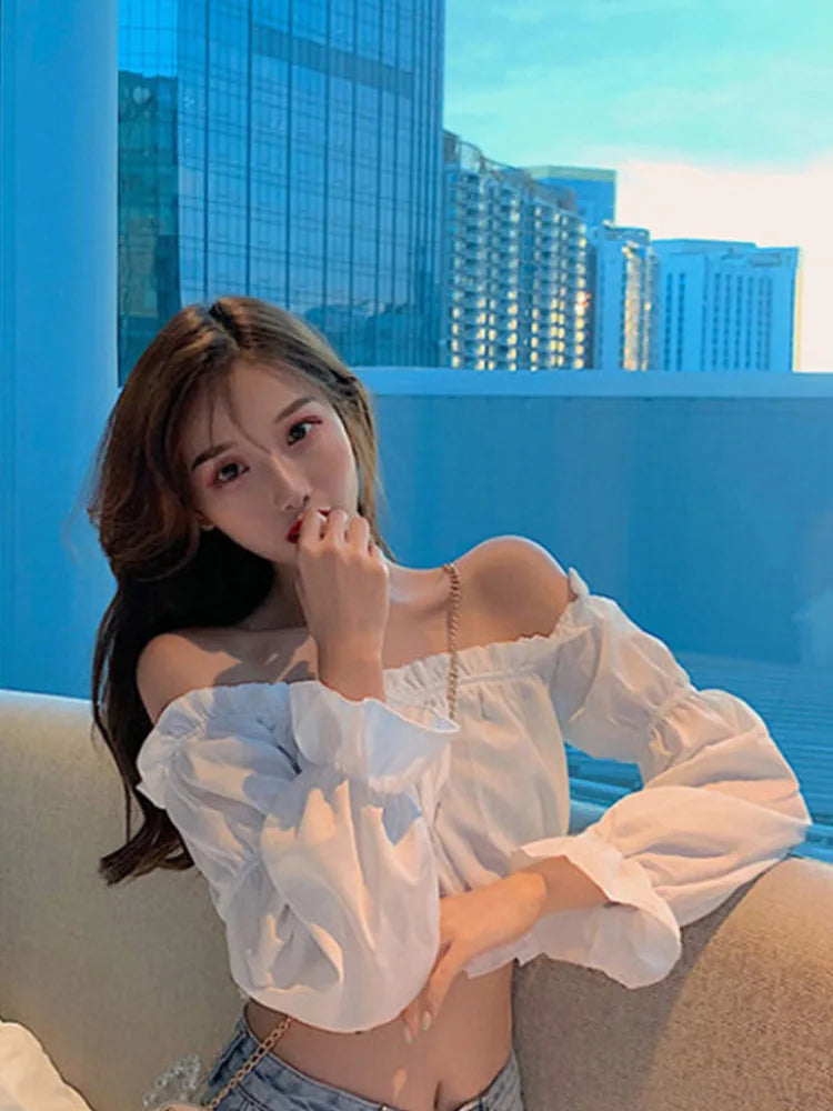 Blusa Crop Top Hombro Descubierto Manga Puff Volantes