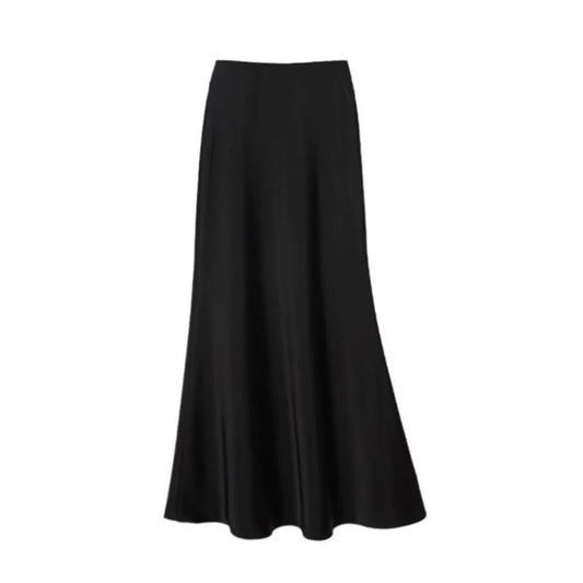 Satin Long Skirt - High Waist Draped Black