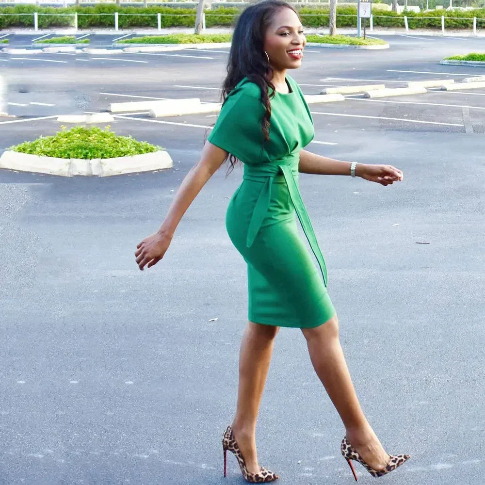 Pencil Midi Dress - Short Sleeve Belt Party