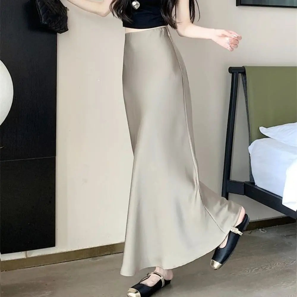 Satin Long Skirt - High Waist Draped Black