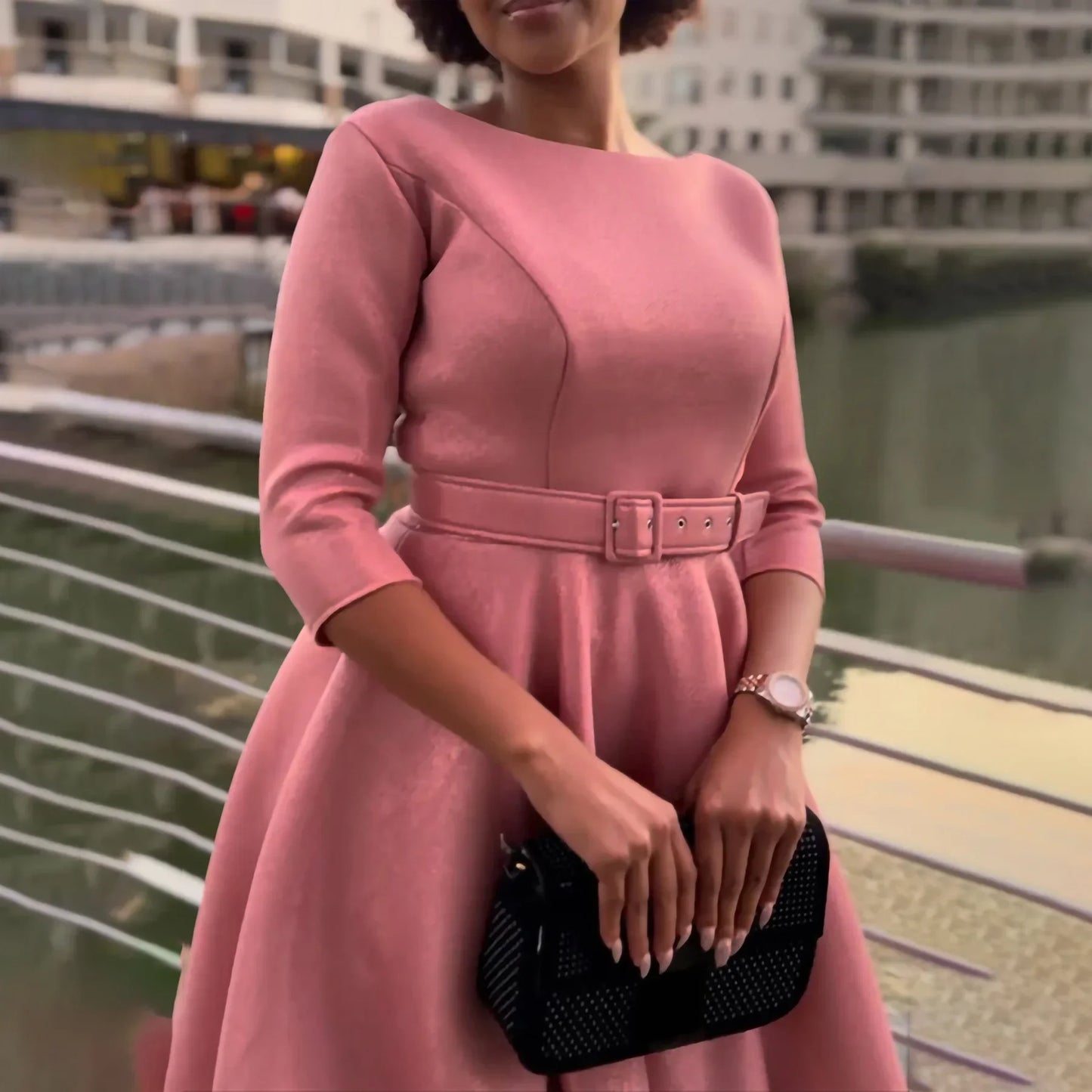 Party Dress - A-Line Belt Three Quarter Sleeve