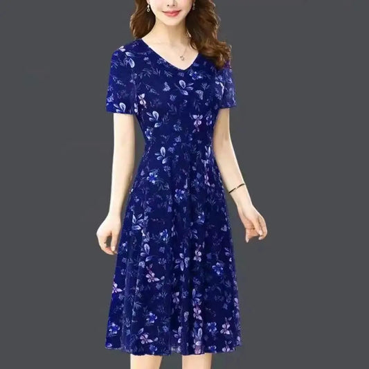 Spring Summer New Mid-Senior Stylish Floral Short Sleeve Dress