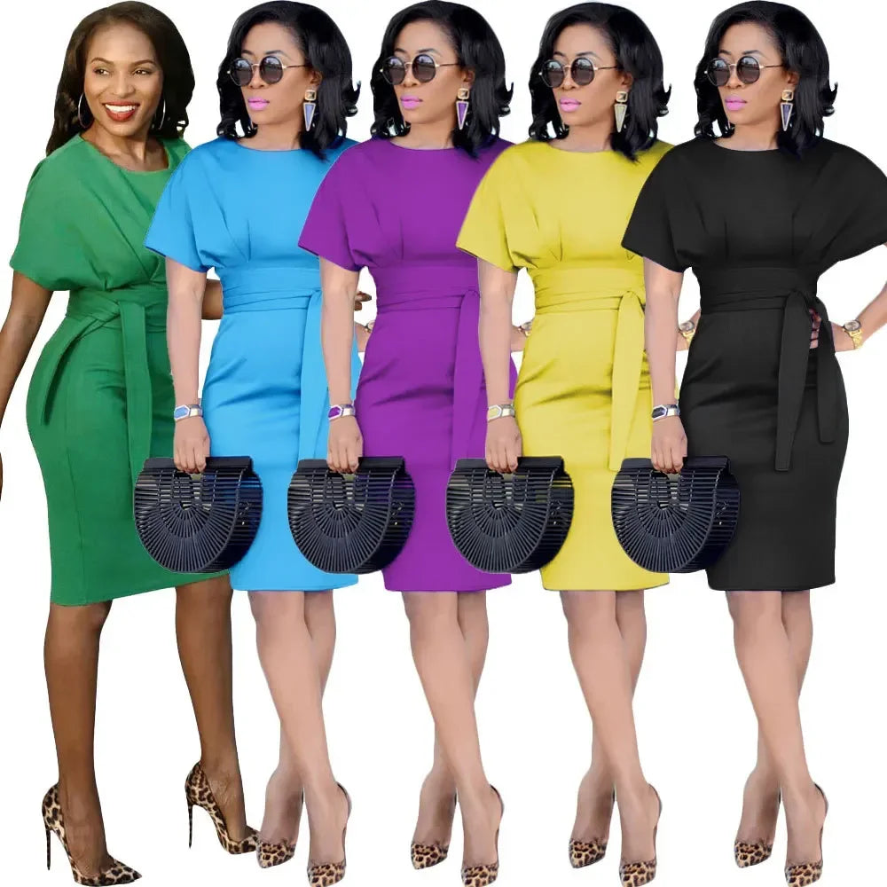 Pencil Midi Dress - Short Sleeve Belt Party