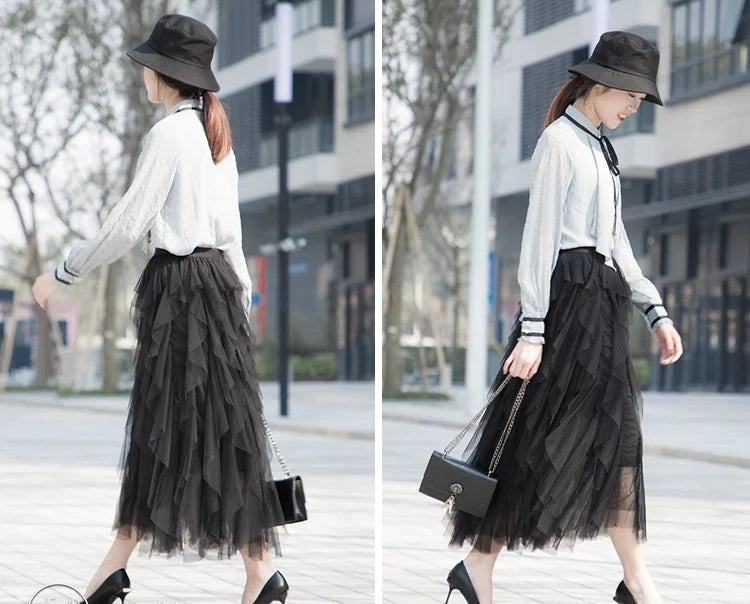 Tulle Maxi Skirt - High Waist Pleated Pink