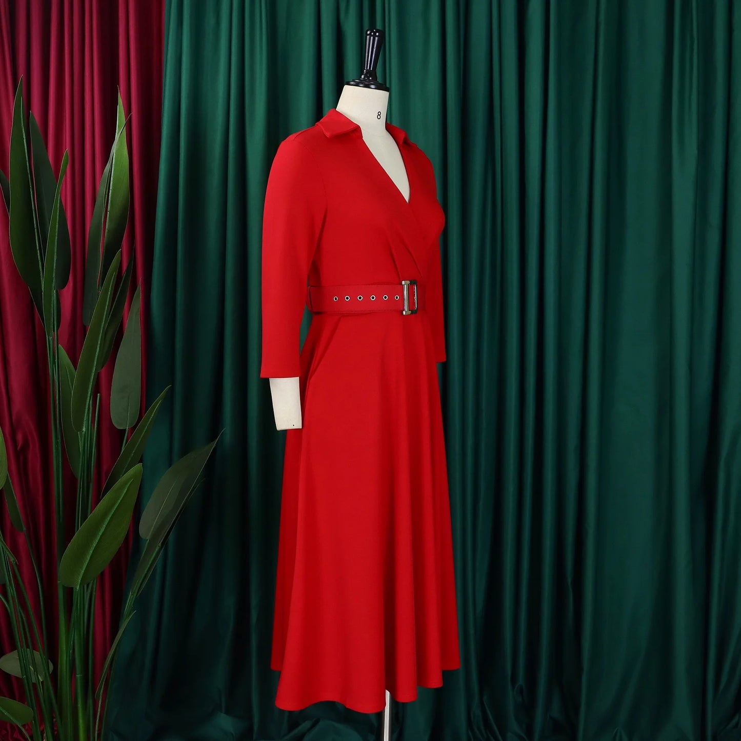 Office Dress - Turn Down Collar Belt Pleated African