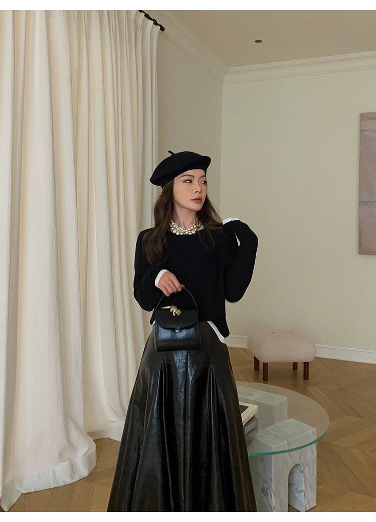 PU Leather Maxi Skirt - High Waist Pleated Black