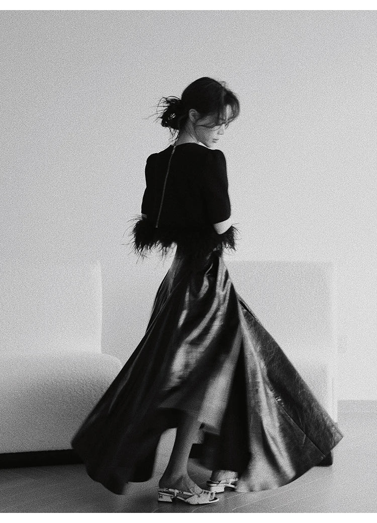 PU Leather Maxi Skirt - High Waist Pleated Black