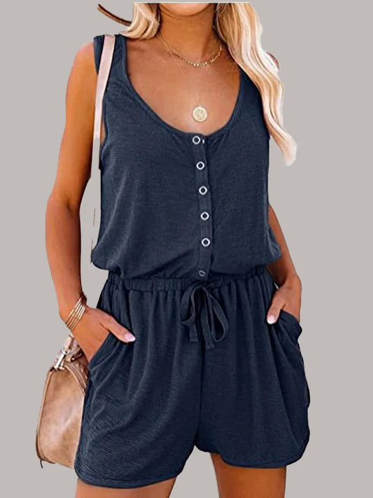 Button Up Jumpsuit - Sleeveless Elastic Waist Shorts