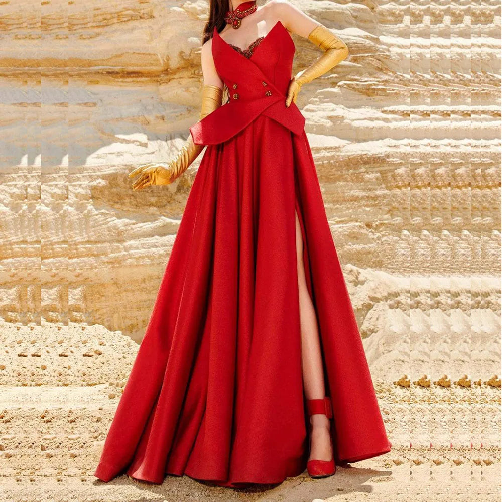Evening Dress - Red Sleeveless Pleat Beading Draped