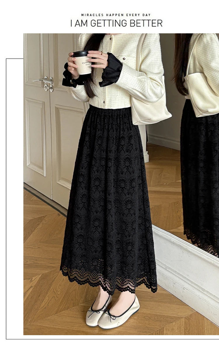 Retro Mid-length Lace Fleece Skirt Women Korean Fashion Fall Winter High-waisted Skirt Female Chic All Match Faldas 2025