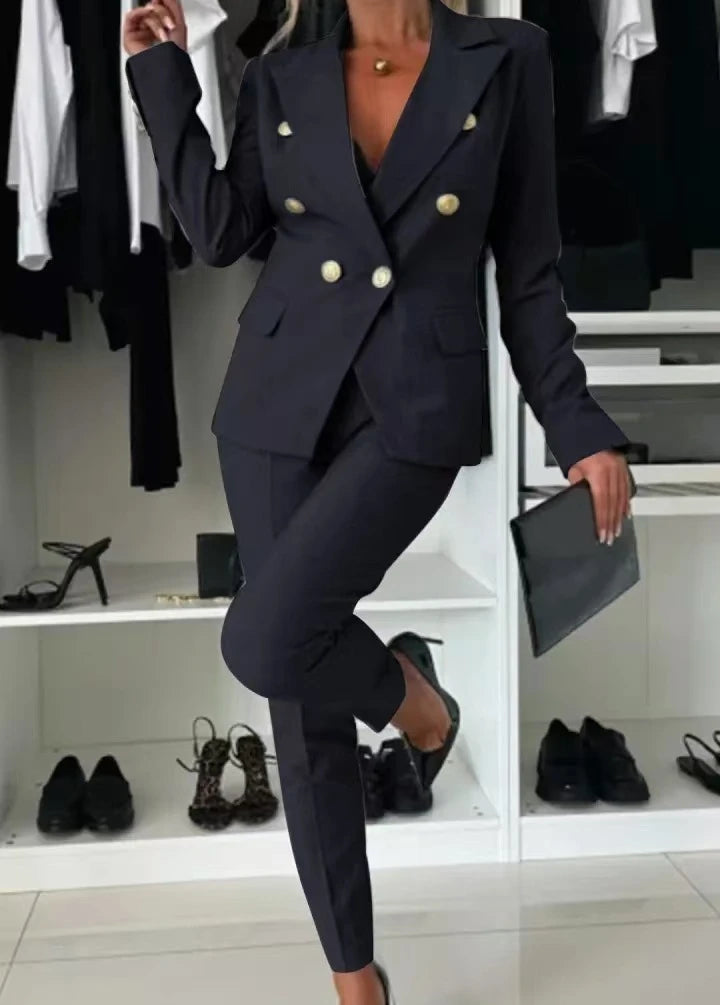 Conjunto Mujer Dos Piezas Saco Largo y Pierna Ancha Oficina