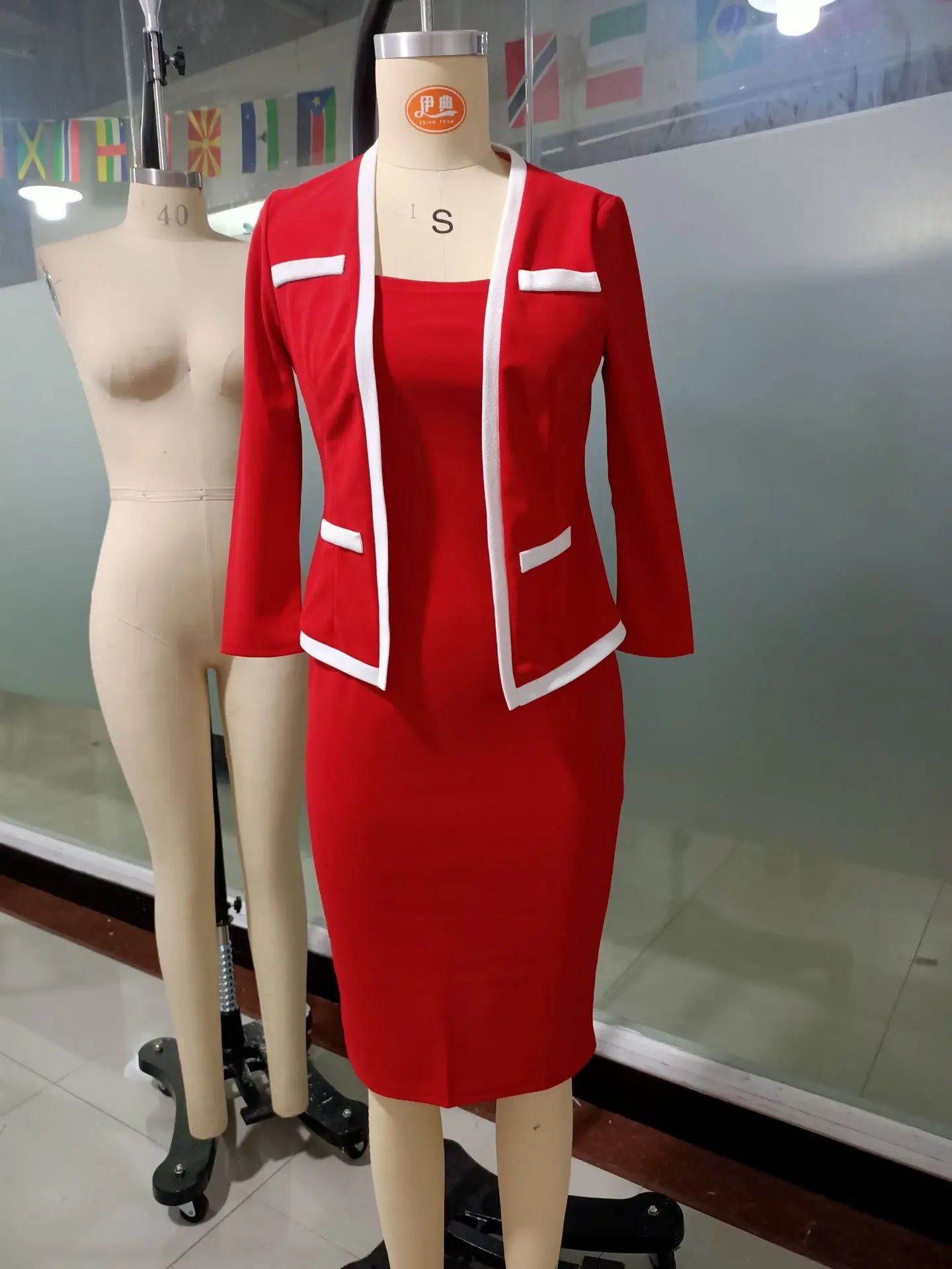 Pencil Dress - Square Collar Three Quarter Sleeve