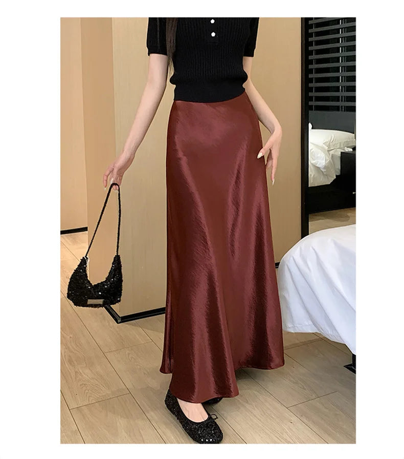Pink Satin Midi Skirt - High Waist Fishtail Wrap