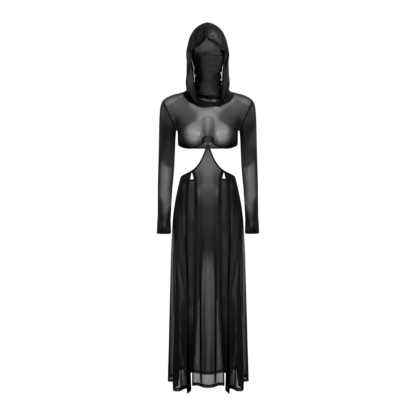 Sheer Maxi Dress - Hooded Face Mask High Slit