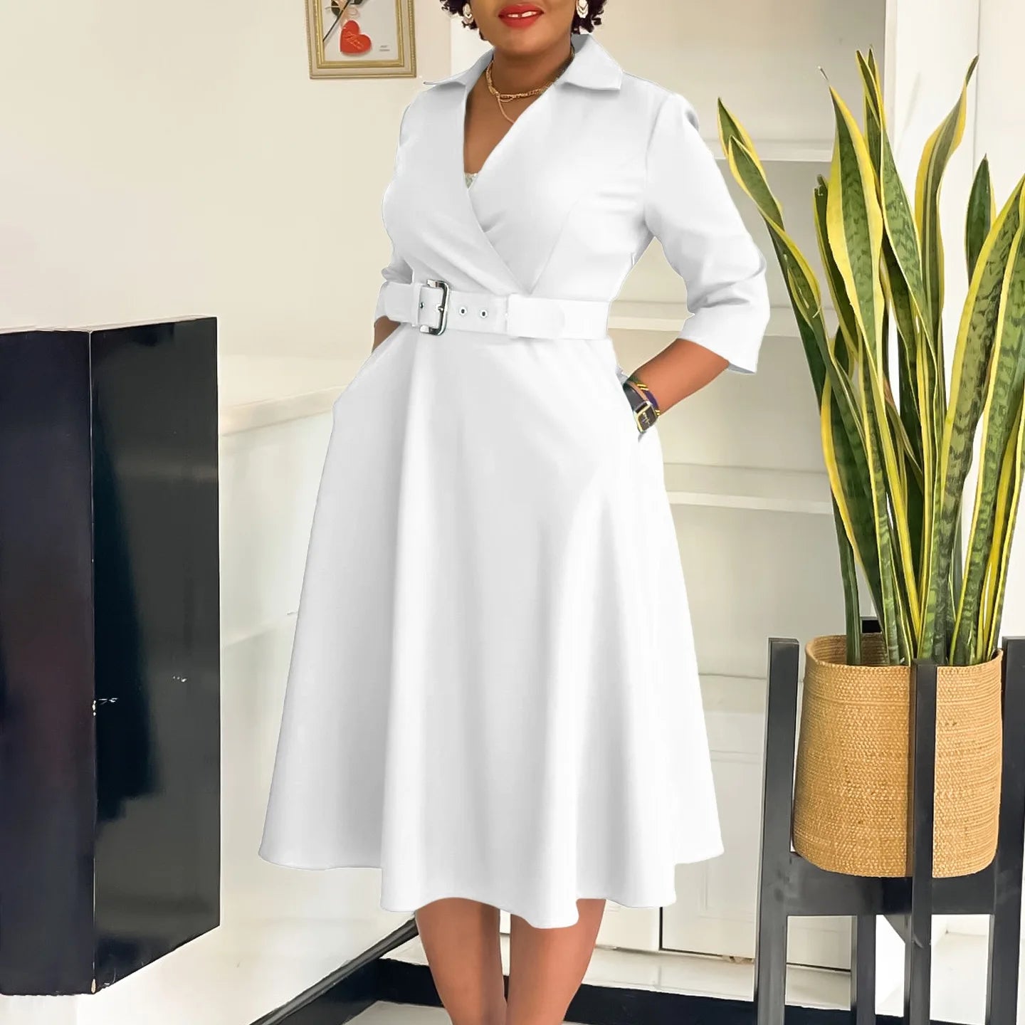 Office Dress - Turn Down Collar Belt Pleated African