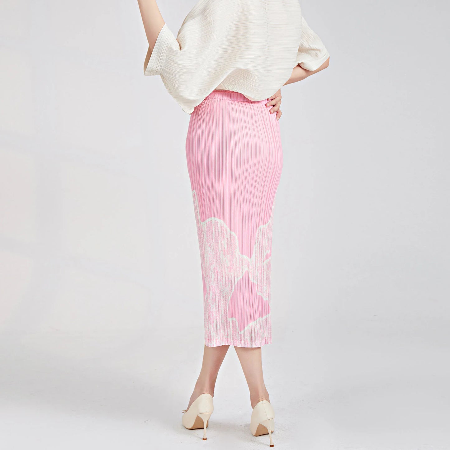 Pleated Pencil Midi Skirt - High Waist Print