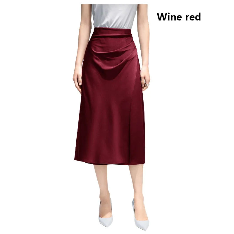 Satin Pleated Midi Skirt - French Simple