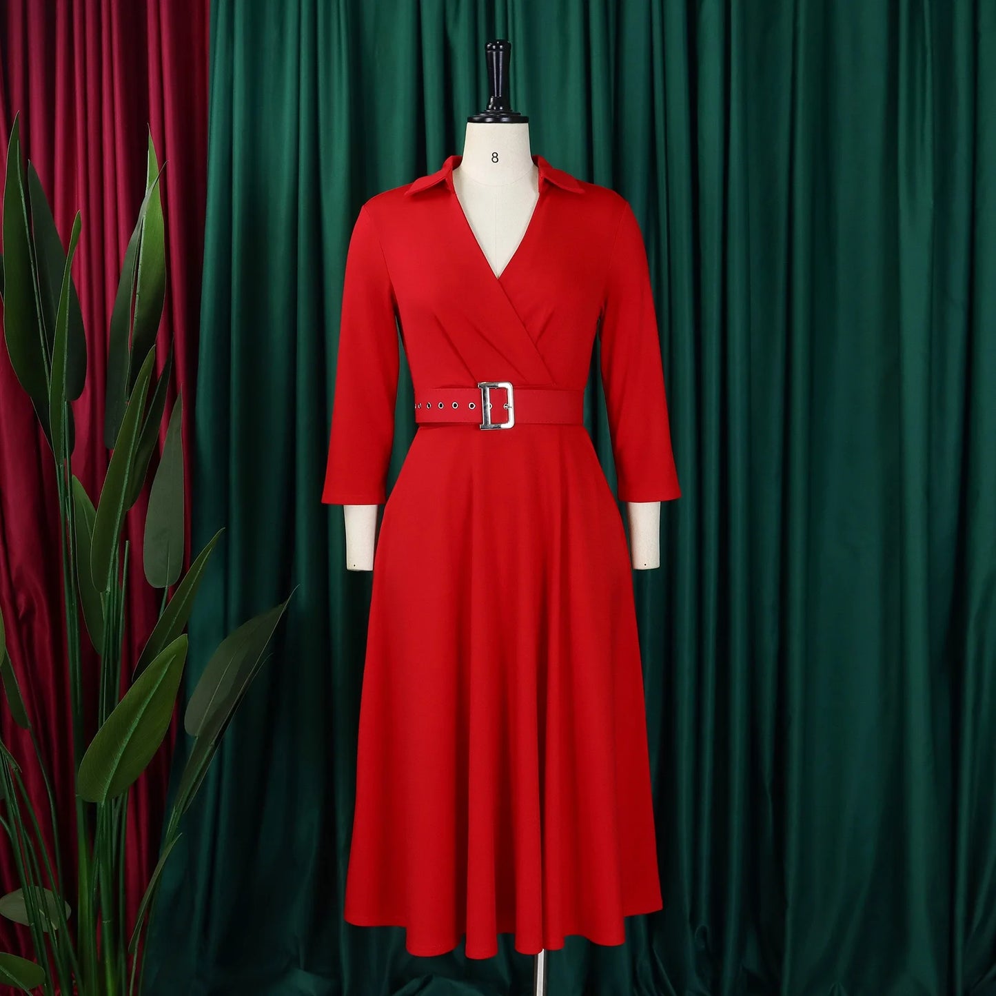 Office Dress - Turn Down Collar Belt Pleated African