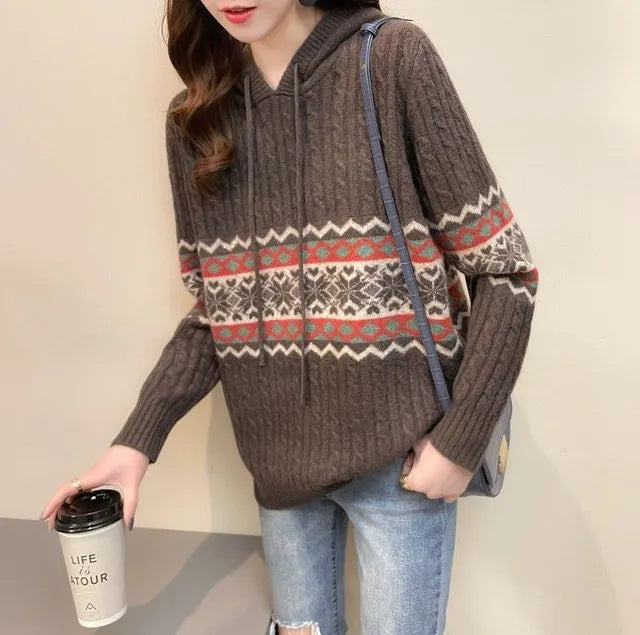 Polerón con Capucha Mujer Suelto Cordón Patchwork Estilo Étnico