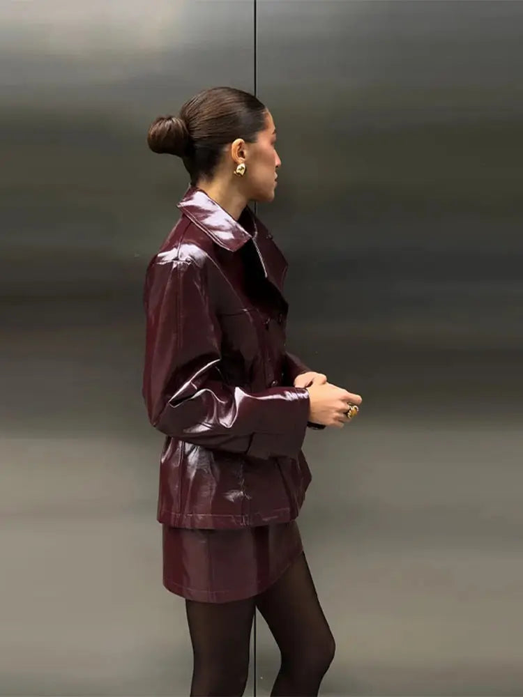 Two Piece Set - Leather Jacket & Mini Skirt