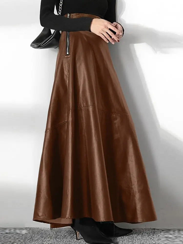 PU Leather Maxi Skirt - High Waist Zipper Style B