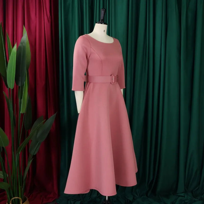 Party Dress - A-Line Belt Three Quarter Sleeve