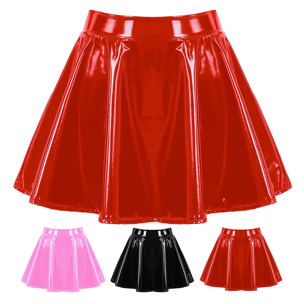 Women's Sexy Glossy Patent Leather Flared Miniskirt Dance-Performance Hot Pleated Skirt A-Line Skirt Clubwear Cosplay Costume