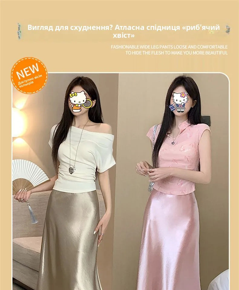 Pink Satin Midi Skirt - High Waist Fishtail Wrap