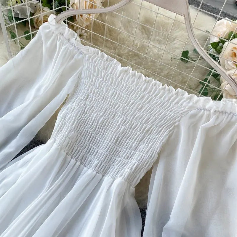 Vestido Blanco Chifón Sublime Volantes Hombros Descubiertos Elegante