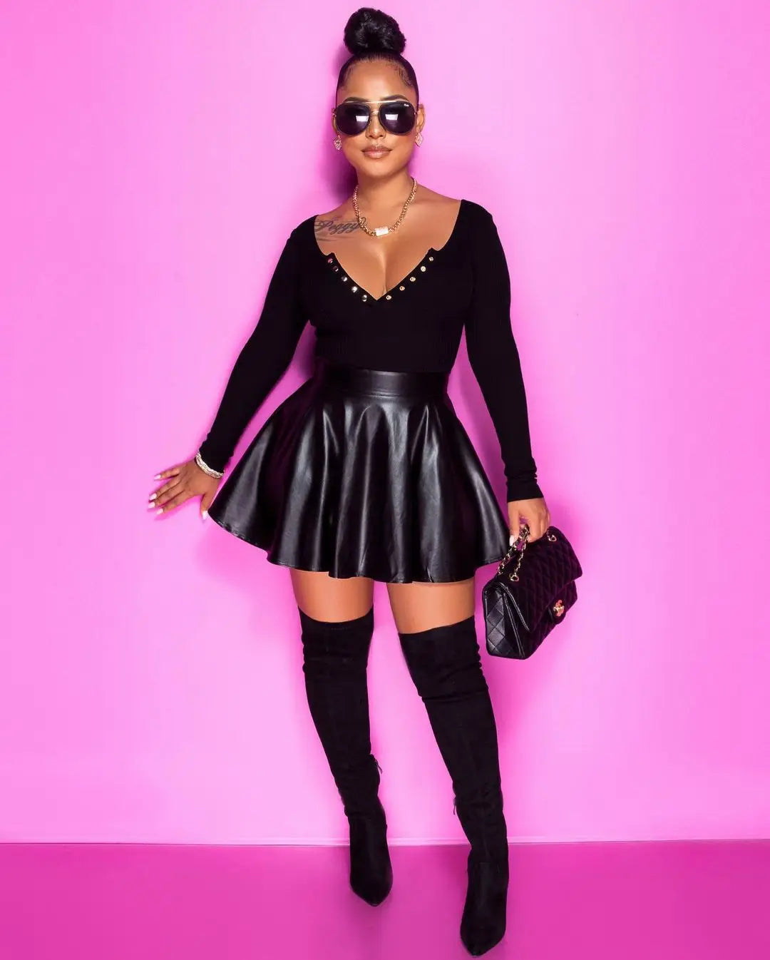 Minifalda Cuero Acampanada - Cintura Media Vuelo Casual