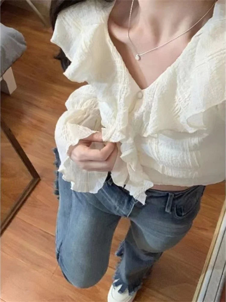 Blusa Coreana Crop Top Volantes Manga Larga Cuello V