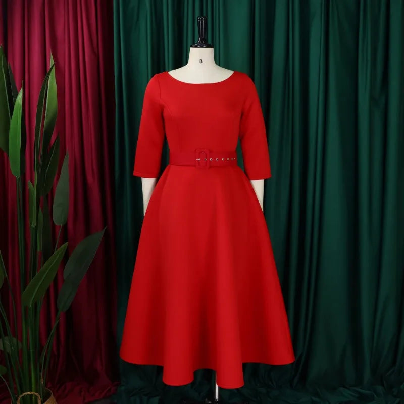 Party Dress - A-Line Belt Three Quarter Sleeve