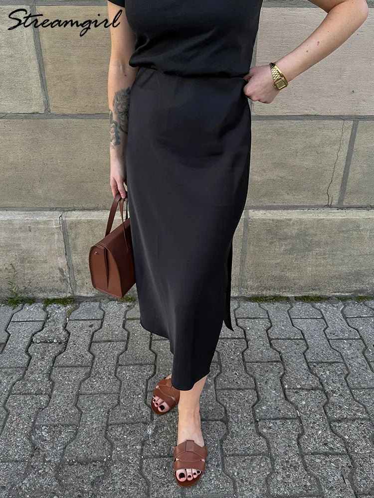 Satin Midi Skirt - A-Line Side Slit