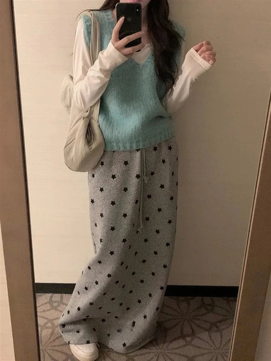 Star Print Long Skirt - Elastic Waist Bandage