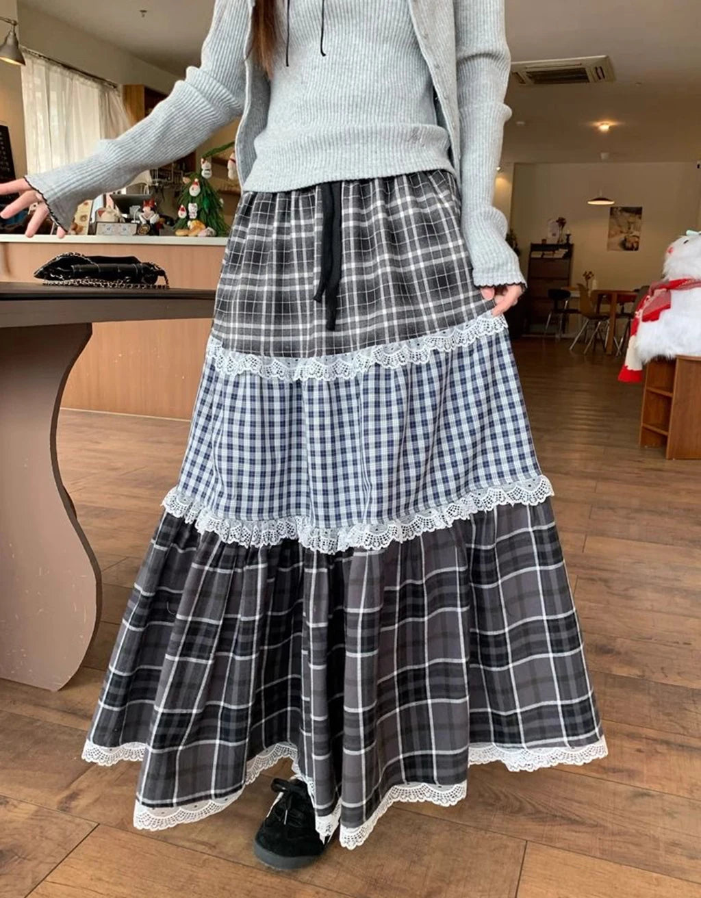 Patchwork Lace Long Skirt - High Waist Plaid Vintage