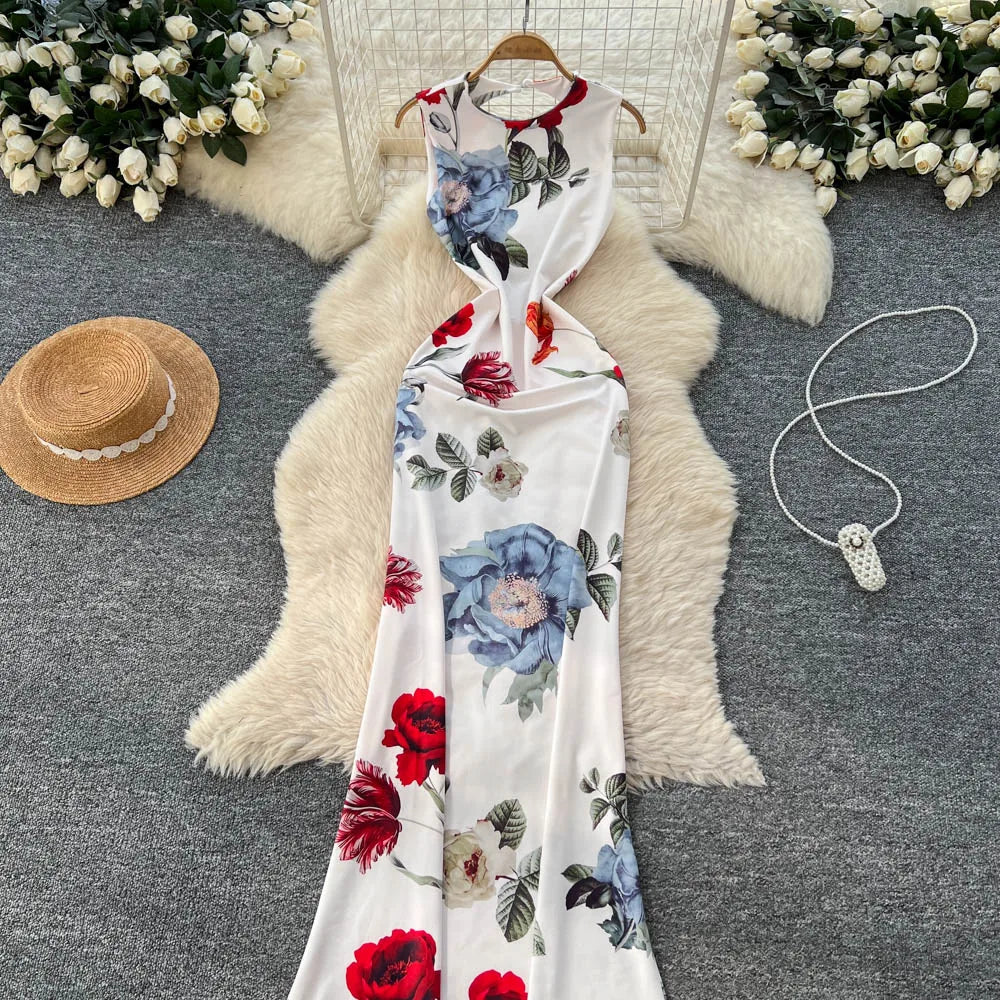 Pencil Dress - Vintage Print Sleeveless Spliced