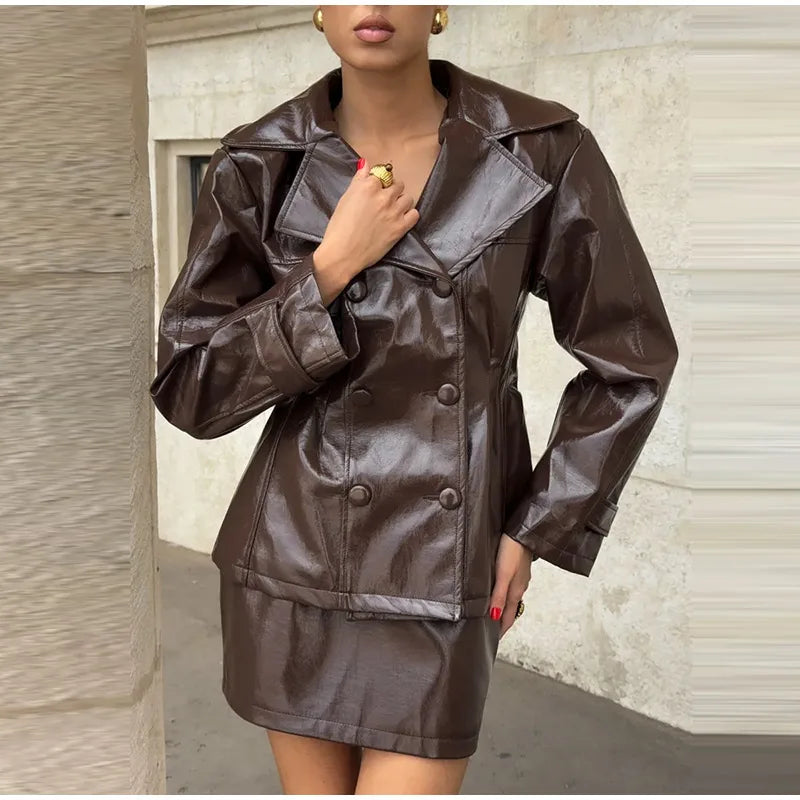 Two Piece Set - Leather Jacket & Mini Skirt