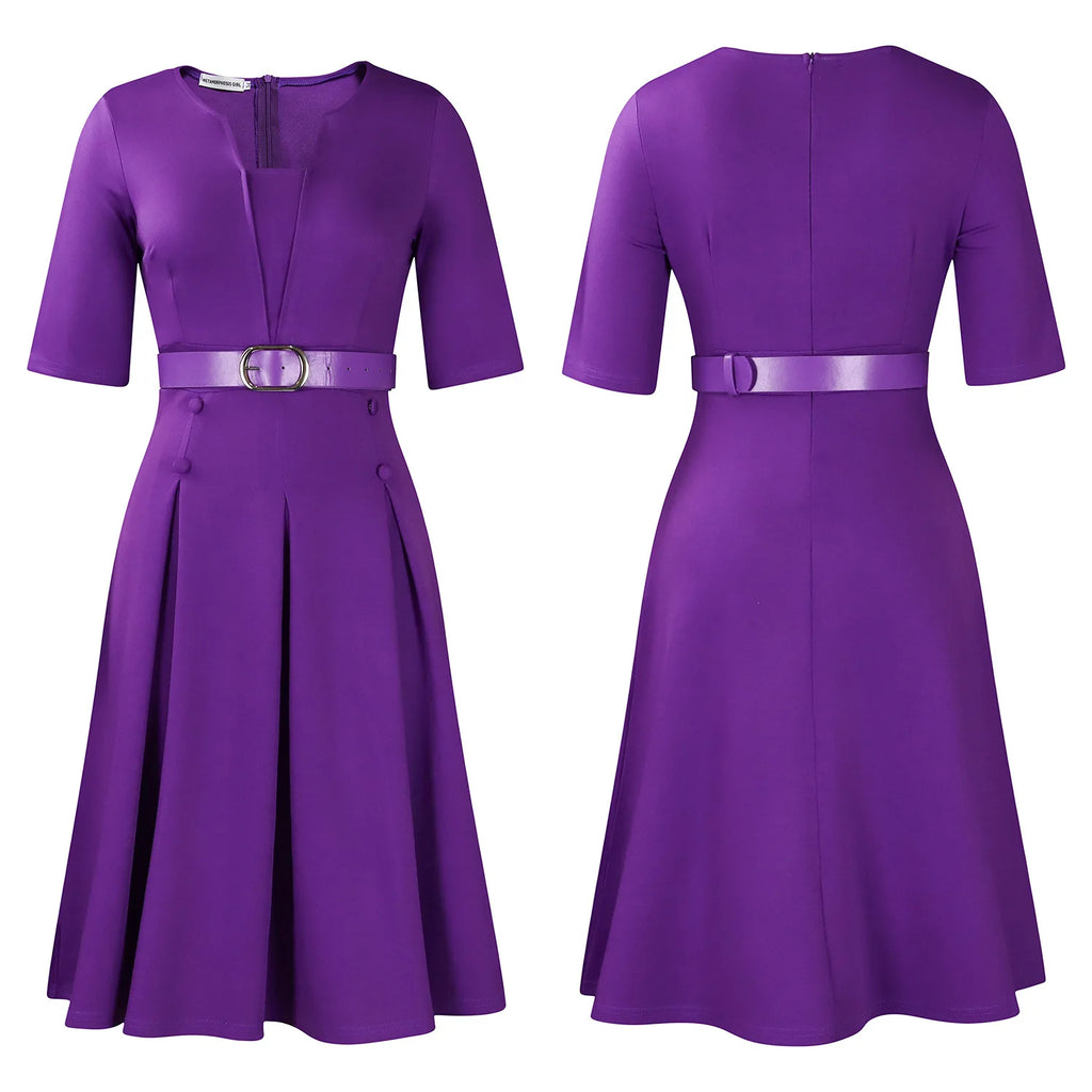 Vestido de Oficina Plisado Escote V Cintura Alta Cinturón Elegante