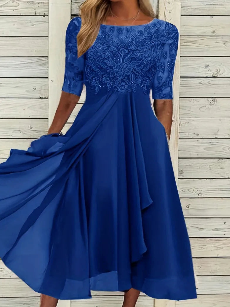 Vestido Midi Elegante Mujer Asimétrico Encaje Chifón Banquete