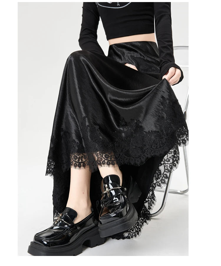 Satin Maxi Skirt - High Waist Side Slit Black